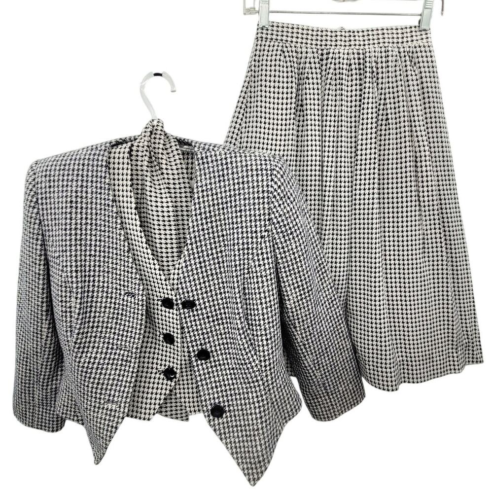 David Hayes Vintage 60s Houndstooth 4 Piece Pleated Maxi‎ Skirt set Outfit Suit